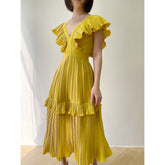 Pleated chiffon organza midi dress with ruffle detail and deep V-neck silhouette